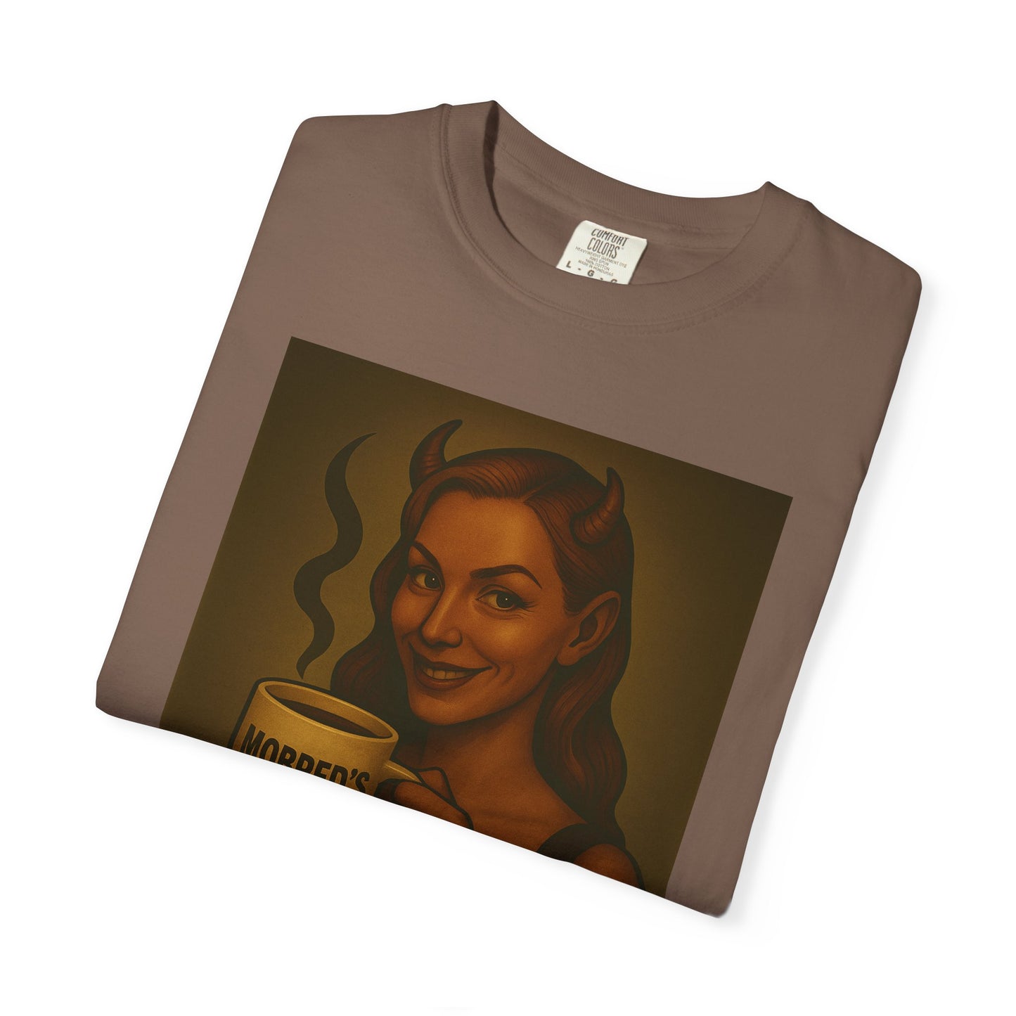Female Devil MOBRED'S Coffee T-Shirt, Unisex Graphic Tee, Funny Coffee Lover Gift, Quirky Art Shirt, Perfect for Halloween