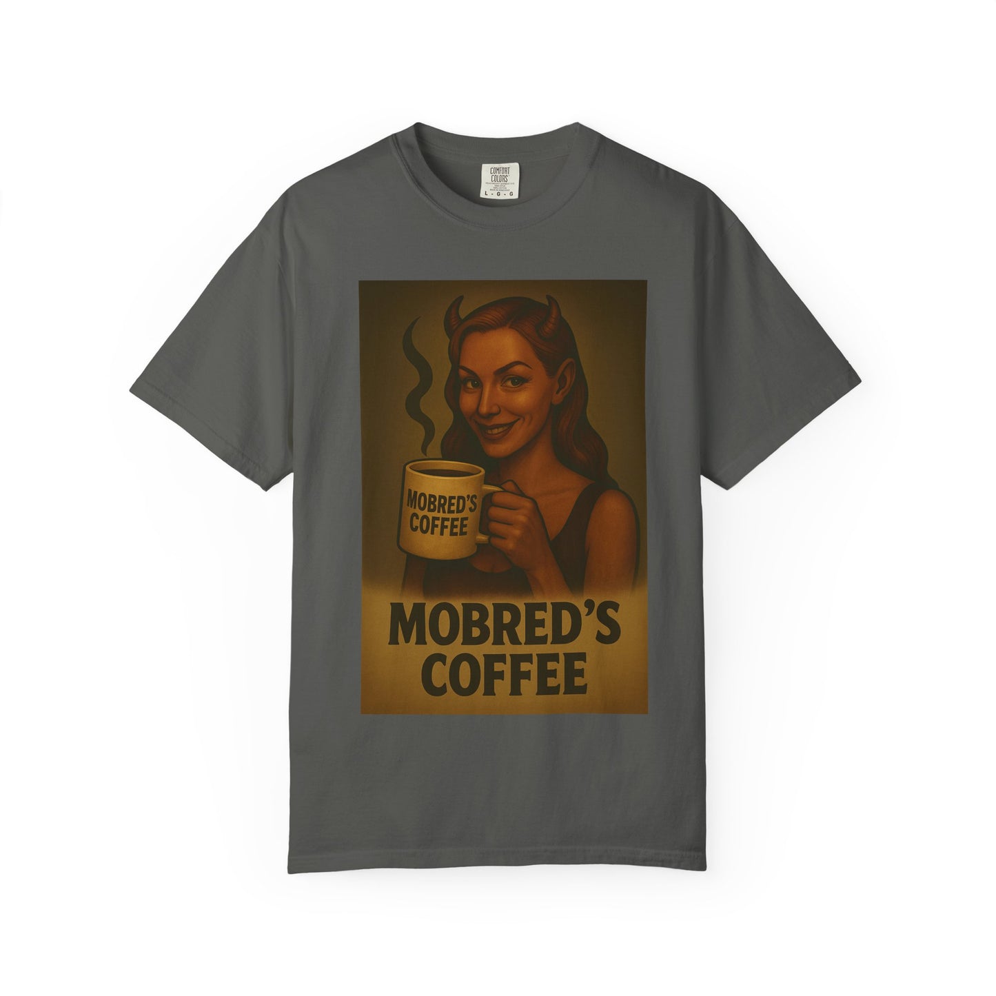 Female Devil MOBRED'S Coffee T-Shirt, Unisex Graphic Tee, Funny Coffee Lover Gift, Quirky Art Shirt, Perfect for Halloween