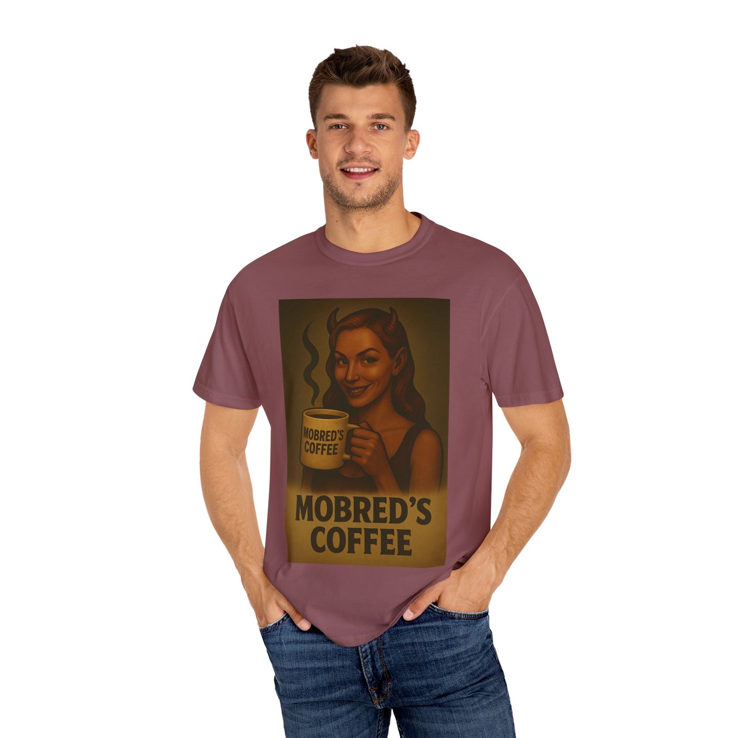 Female Devil MOBRED'S Coffee T-Shirt, Unisex Graphic Tee, Funny Coffee Lover Gift, Quirky Art Shirt, Perfect for Halloween