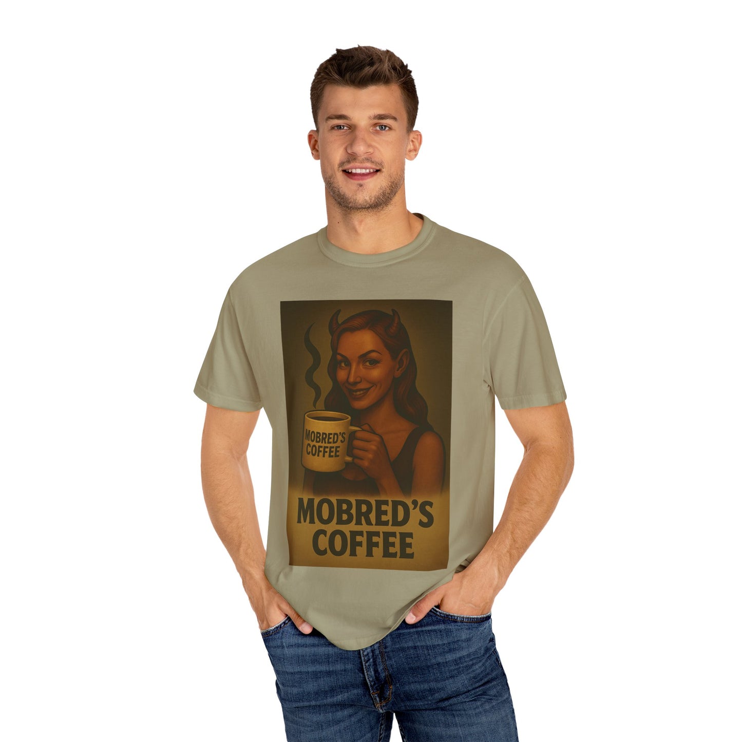 Female Devil MOBRED'S Coffee T-Shirt, Unisex Graphic Tee, Funny Coffee Lover Gift, Quirky Art Shirt, Perfect for Halloween