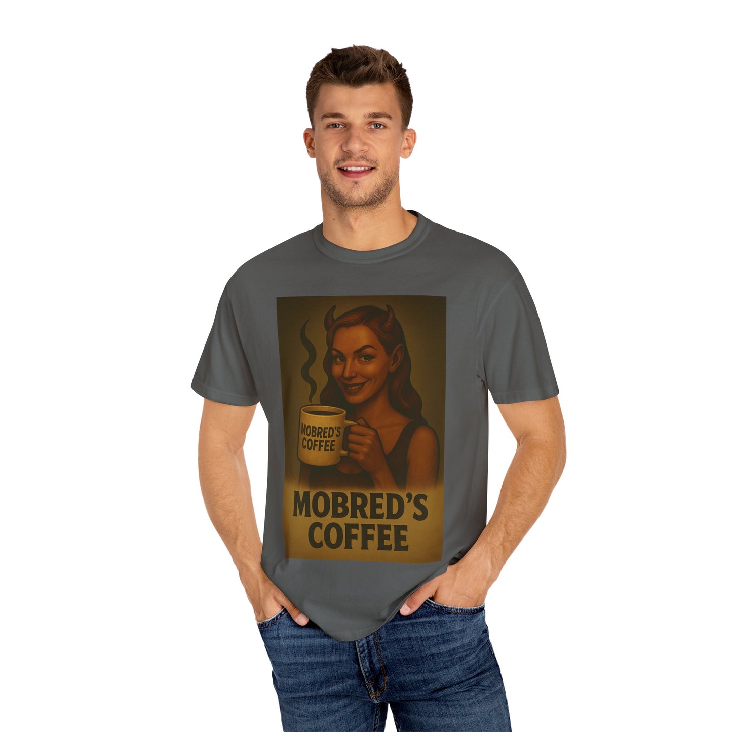 Female Devil MOBRED'S Coffee T-Shirt, Unisex Graphic Tee, Funny Coffee Lover Gift, Quirky Art Shirt, Perfect for Halloween