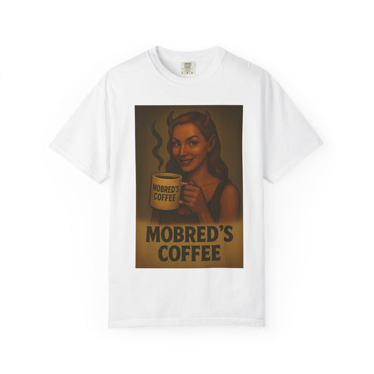 Female Devil MOBRED'S Coffee T-Shirt, Unisex Graphic Tee, Funny Coffee Lover Gift, Quirky Art Shirt, Perfect for Halloween