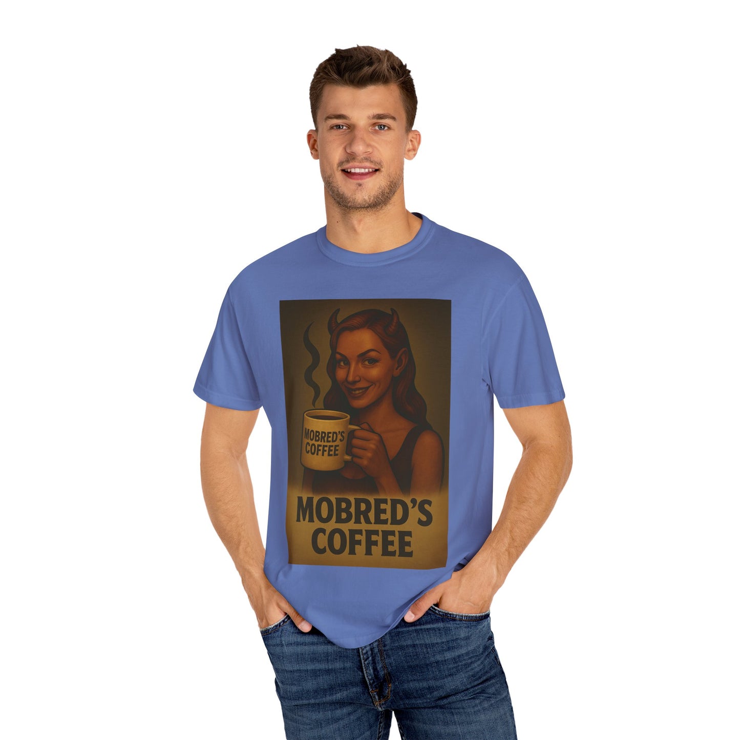 Female Devil MOBRED'S Coffee T-Shirt, Unisex Graphic Tee, Funny Coffee Lover Gift, Quirky Art Shirt, Perfect for Halloween