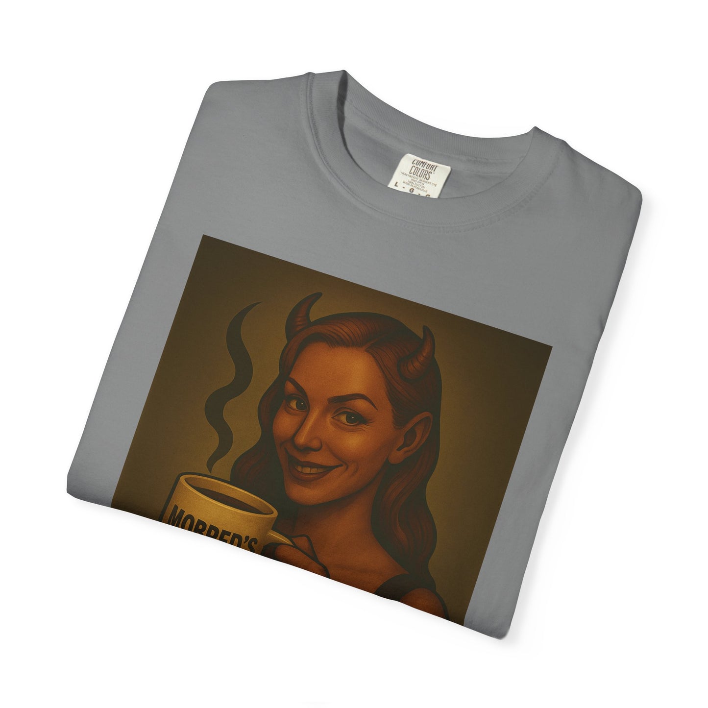 Female Devil MOBRED'S Coffee T-Shirt, Unisex Graphic Tee, Funny Coffee Lover Gift, Quirky Art Shirt, Perfect for Halloween