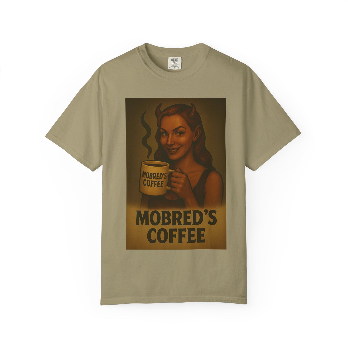 Female Devil MOBRED'S Coffee T-Shirt, Unisex Graphic Tee, Funny Coffee Lover Gift, Quirky Art Shirt, Perfect for Halloween