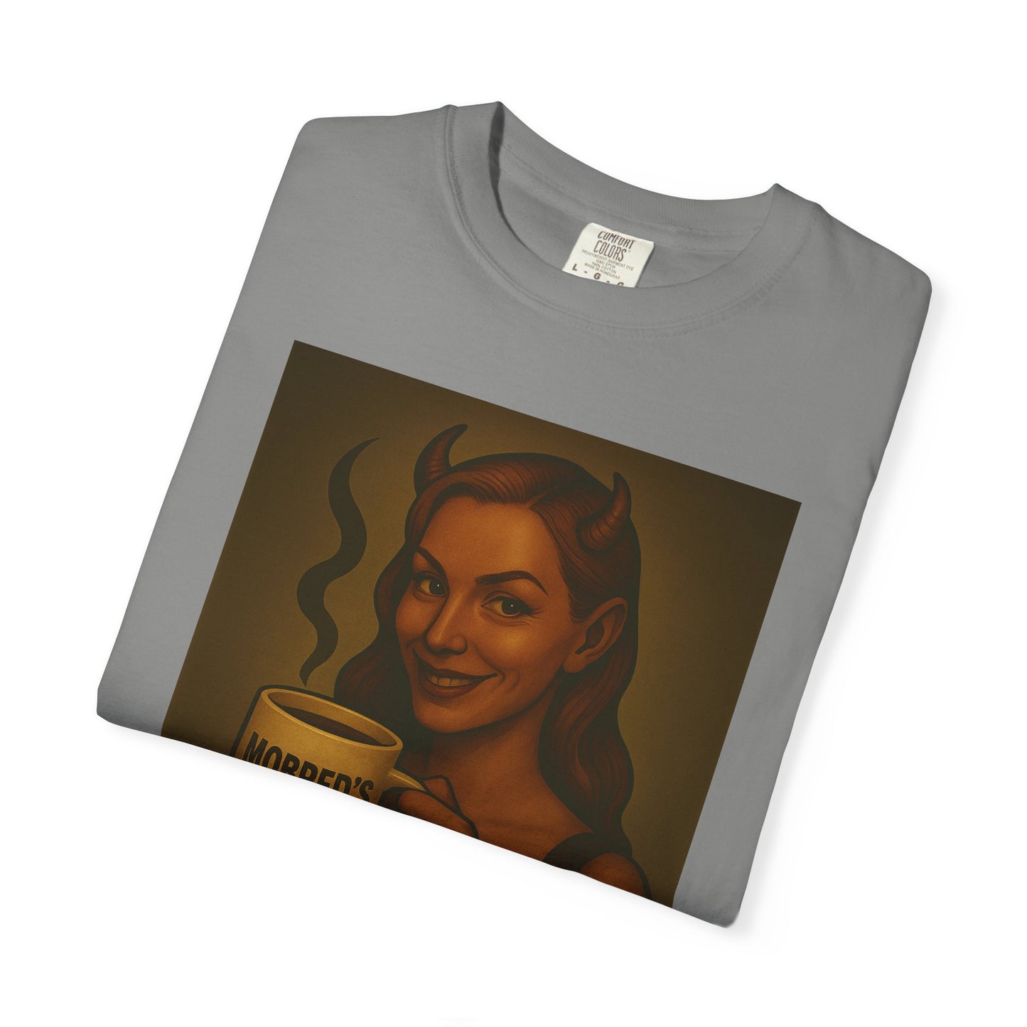 Female Devil MOBRED'S Coffee T-Shirt, Unisex Graphic Tee, Funny Coffee Lover Gift, Quirky Art Shirt, Perfect for Halloween