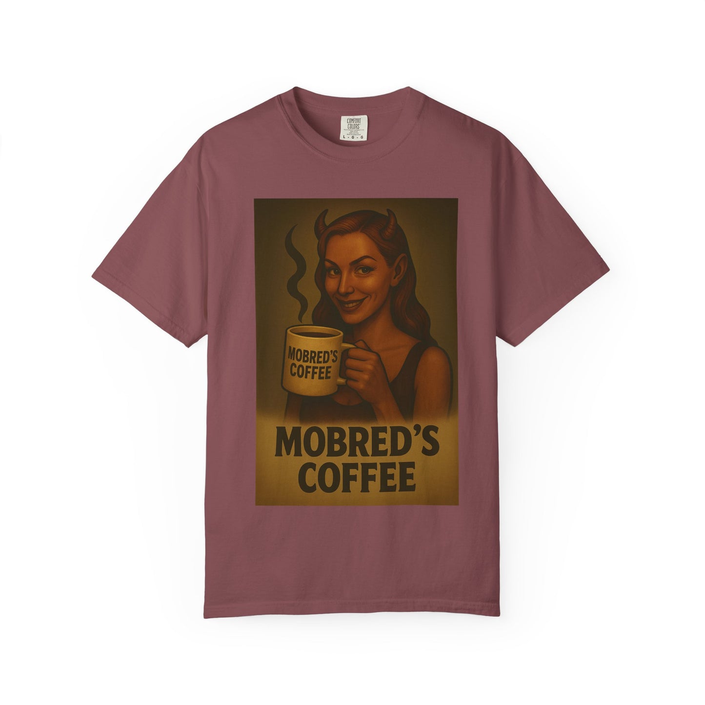 Female Devil MOBRED'S Coffee T-Shirt, Unisex Graphic Tee, Funny Coffee Lover Gift, Quirky Art Shirt, Perfect for Halloween