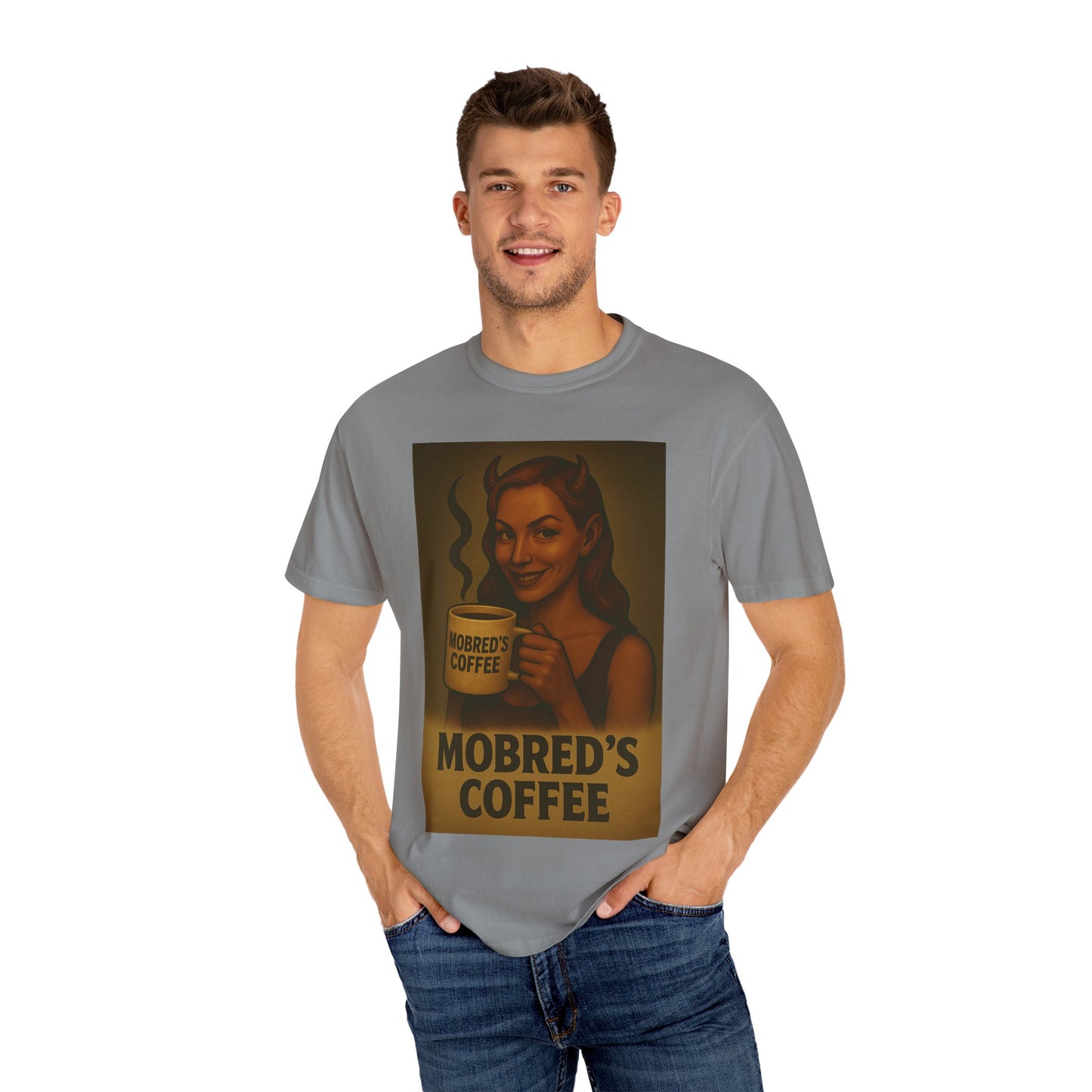 Female Devil MOBRED'S Coffee T-Shirt, Unisex Graphic Tee, Funny Coffee Lover Gift, Quirky Art Shirt, Perfect for Halloween