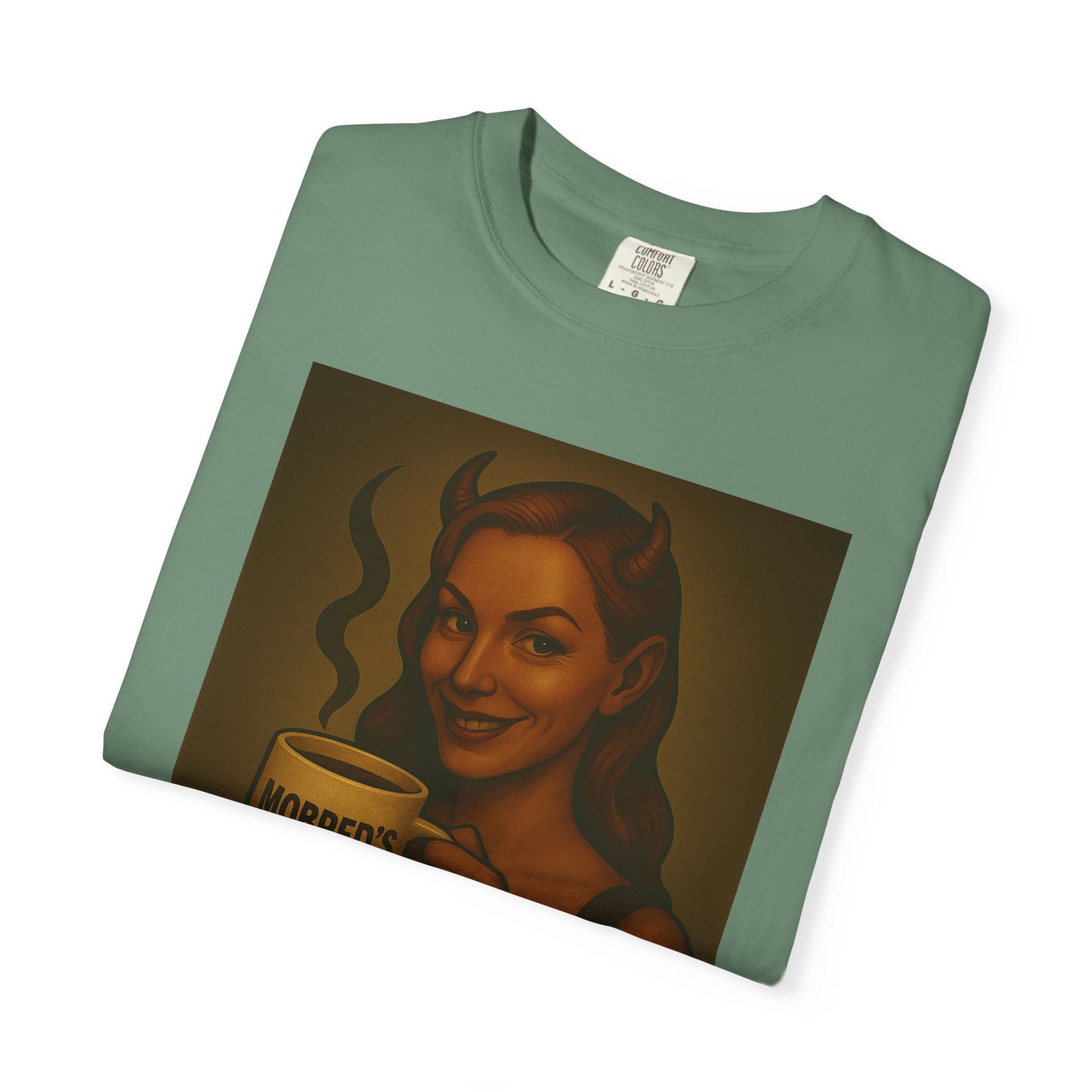 Female Devil MOBRED'S Coffee T-Shirt, Unisex Graphic Tee, Funny Coffee Lover Gift, Quirky Art Shirt, Perfect for Halloween