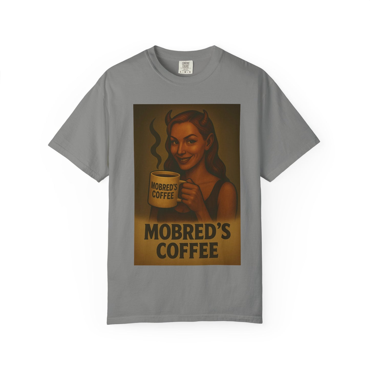 Female Devil MOBRED'S Coffee T-Shirt, Unisex Graphic Tee, Funny Coffee Lover Gift, Quirky Art Shirt, Perfect for Halloween