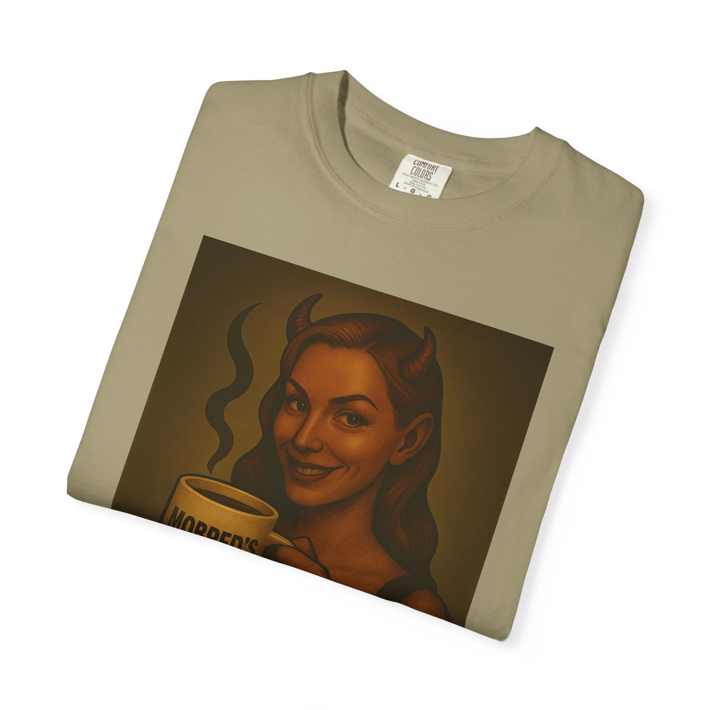 Female Devil MOBRED'S Coffee T-Shirt, Unisex Graphic Tee, Funny Coffee Lover Gift, Quirky Art Shirt, Perfect for Halloween