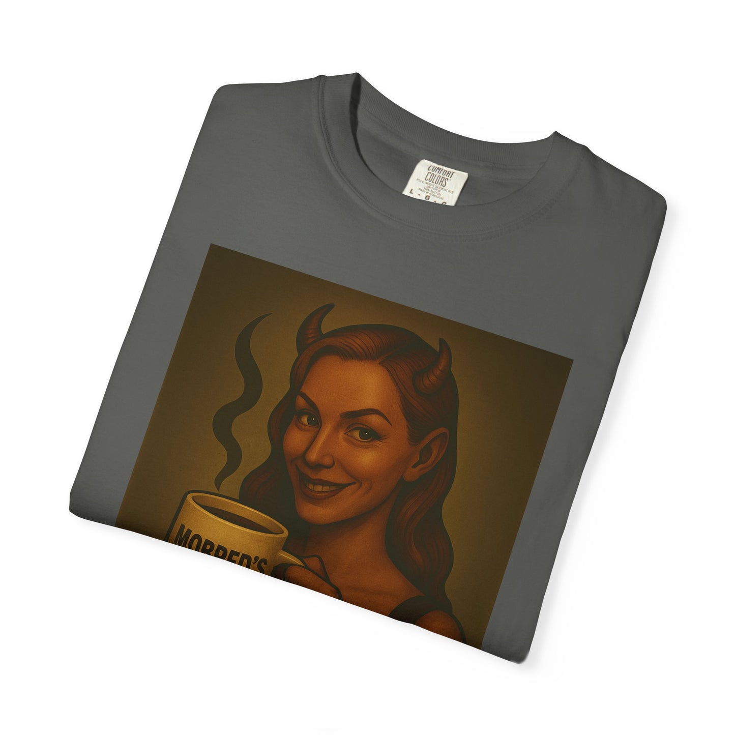 Female Devil MOBRED'S Coffee T-Shirt, Unisex Graphic Tee, Funny Coffee Lover Gift, Quirky Art Shirt, Perfect for Halloween