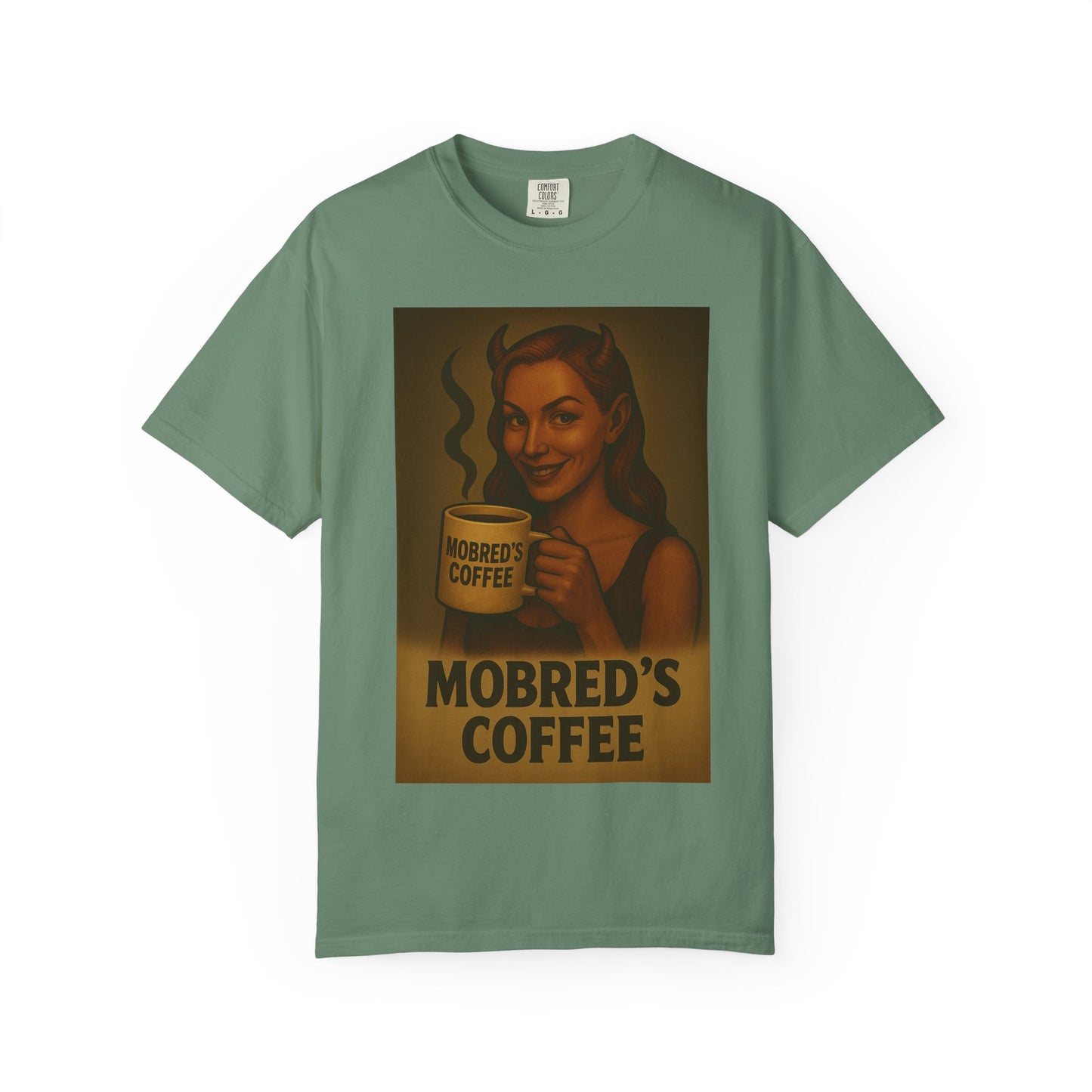 Female Devil MOBRED'S Coffee T-Shirt, Unisex Graphic Tee, Funny Coffee Lover Gift, Quirky Art Shirt, Perfect for Halloween