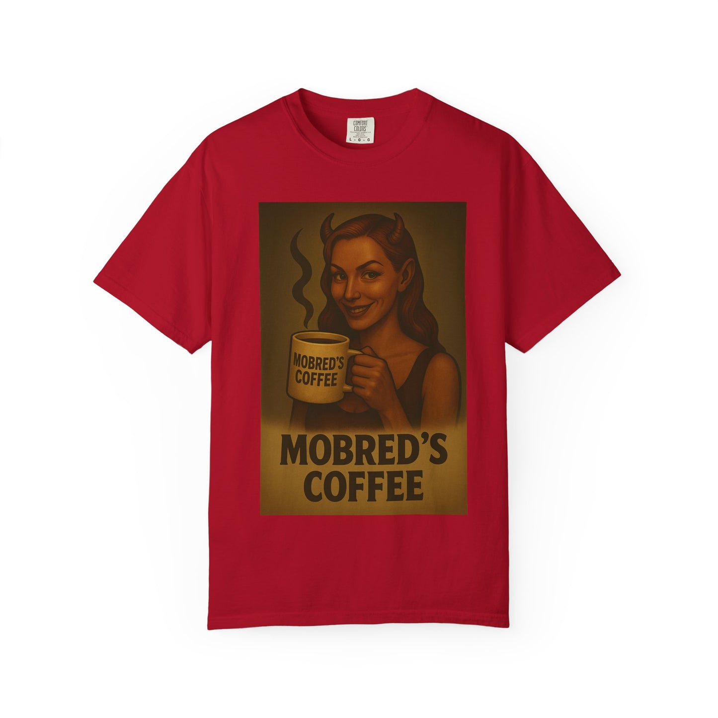 Female Devil MOBRED'S Coffee T-Shirt, Unisex Graphic Tee, Funny Coffee Lover Gift, Quirky Art Shirt, Perfect for Halloween