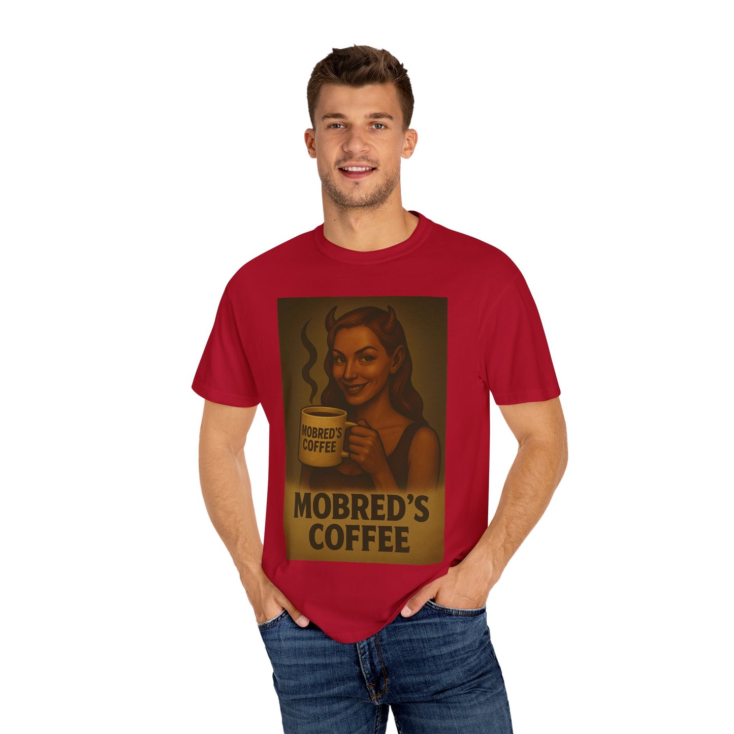 Female Devil MOBRED'S Coffee T-Shirt, Unisex Graphic Tee, Funny Coffee Lover Gift, Quirky Art Shirt, Perfect for Halloween