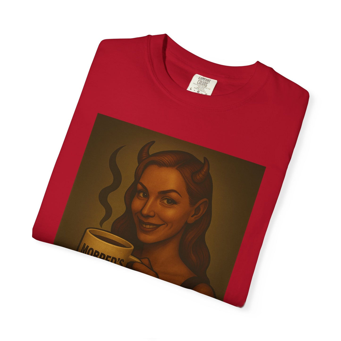 Female Devil MOBRED'S Coffee T-Shirt, Unisex Graphic Tee, Funny Coffee Lover Gift, Quirky Art Shirt, Perfect for Halloween