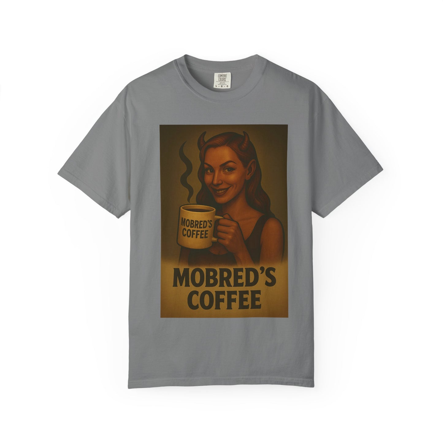 Female Devil MOBRED'S Coffee T-Shirt, Unisex Graphic Tee, Funny Coffee Lover Gift, Quirky Art Shirt, Perfect for Halloween