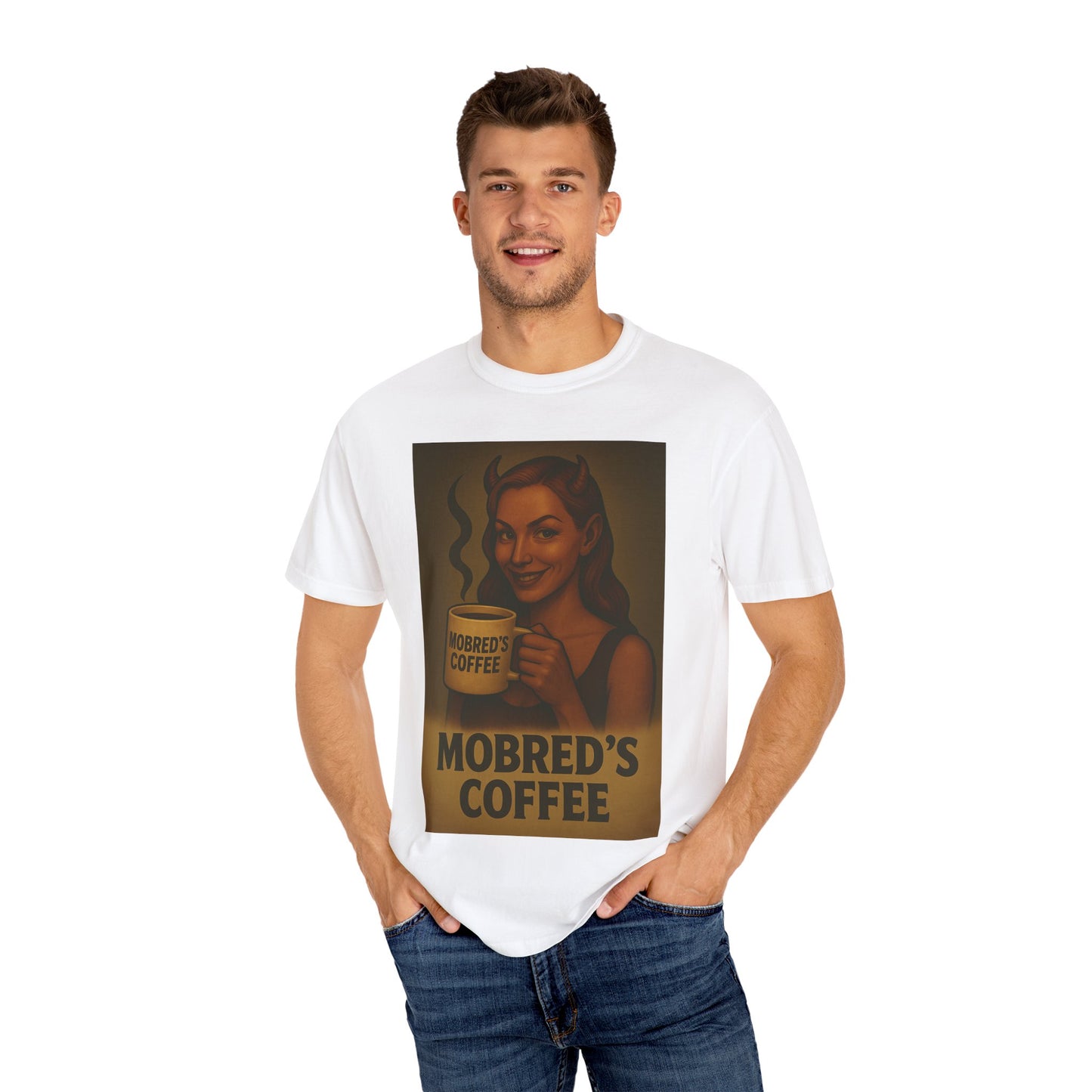 Female Devil MOBRED'S Coffee T-Shirt, Unisex Graphic Tee, Funny Coffee Lover Gift, Quirky Art Shirt, Perfect for Halloween