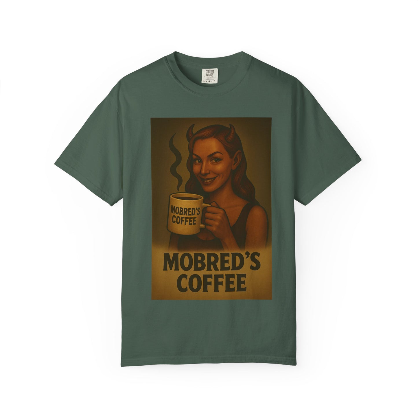 Female Devil MOBRED'S Coffee T-Shirt, Unisex Graphic Tee, Funny Coffee Lover Gift, Quirky Art Shirt, Perfect for Halloween