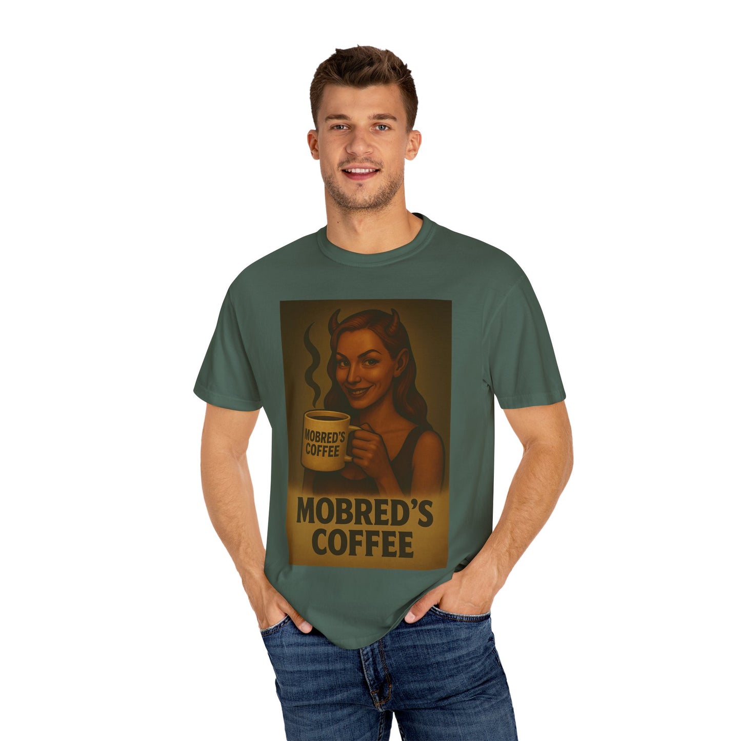 Female Devil MOBRED'S Coffee T-Shirt, Unisex Graphic Tee, Funny Coffee Lover Gift, Quirky Art Shirt, Perfect for Halloween