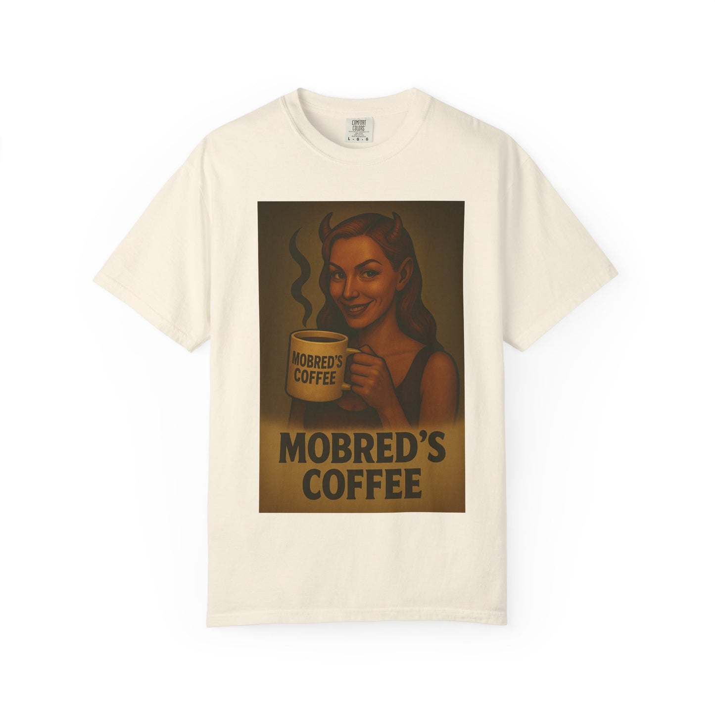 Female Devil MOBRED'S Coffee T-Shirt, Unisex Graphic Tee, Funny Coffee Lover Gift, Quirky Art Shirt, Perfect for Halloween