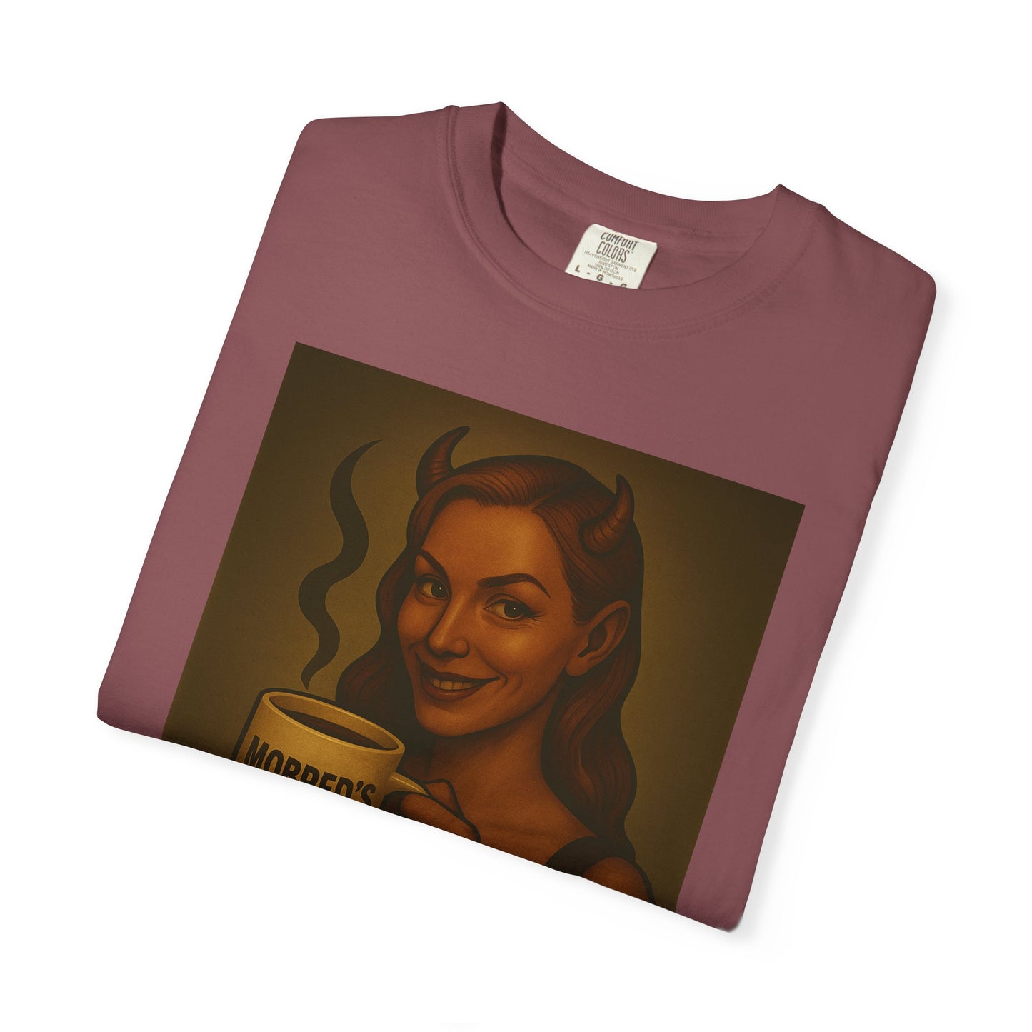 Female Devil MOBRED'S Coffee T-Shirt, Unisex Graphic Tee, Funny Coffee Lover Gift, Quirky Art Shirt, Perfect for Halloween