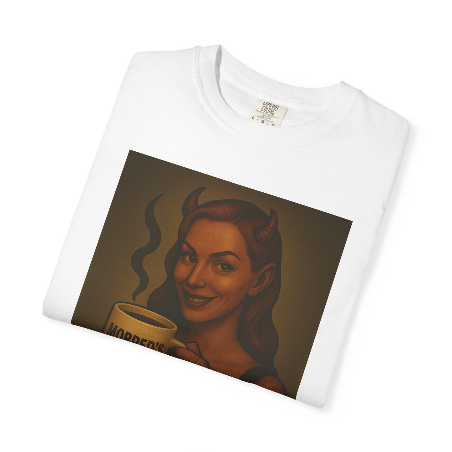 Female Devil MOBRED'S Coffee T-Shirt, Unisex Graphic Tee, Funny Coffee Lover Gift, Quirky Art Shirt, Perfect for Halloween