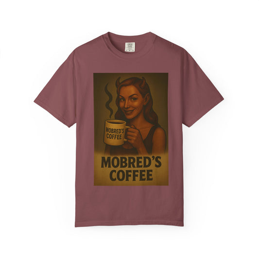 Female Devil MOBRED'S Coffee T-Shirt, Unisex Graphic Tee, Funny Coffee Lover Gift, Quirky Art Shirt, Perfect for Halloween