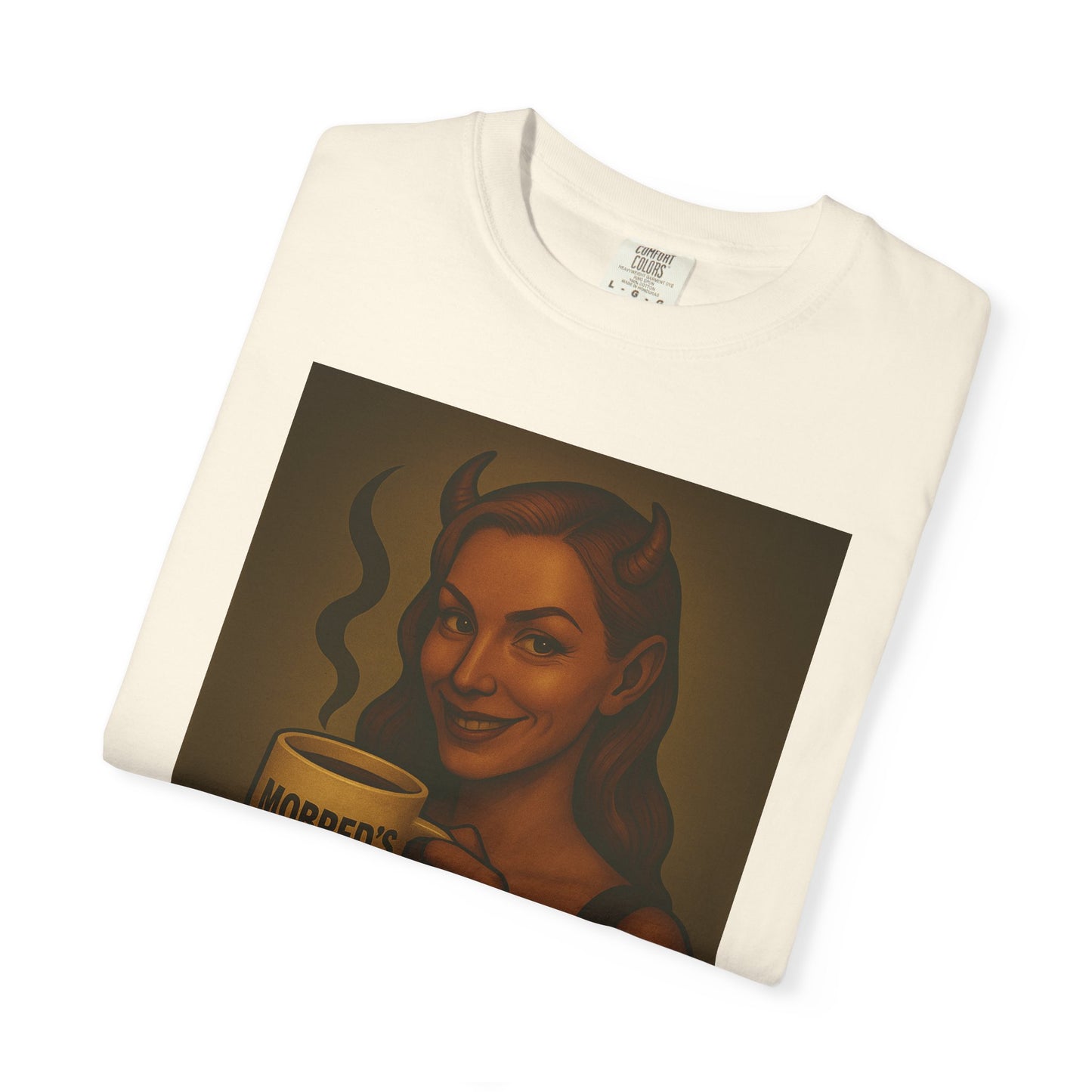 Female Devil MOBRED'S Coffee T-Shirt, Unisex Graphic Tee, Funny Coffee Lover Gift, Quirky Art Shirt, Perfect for Halloween