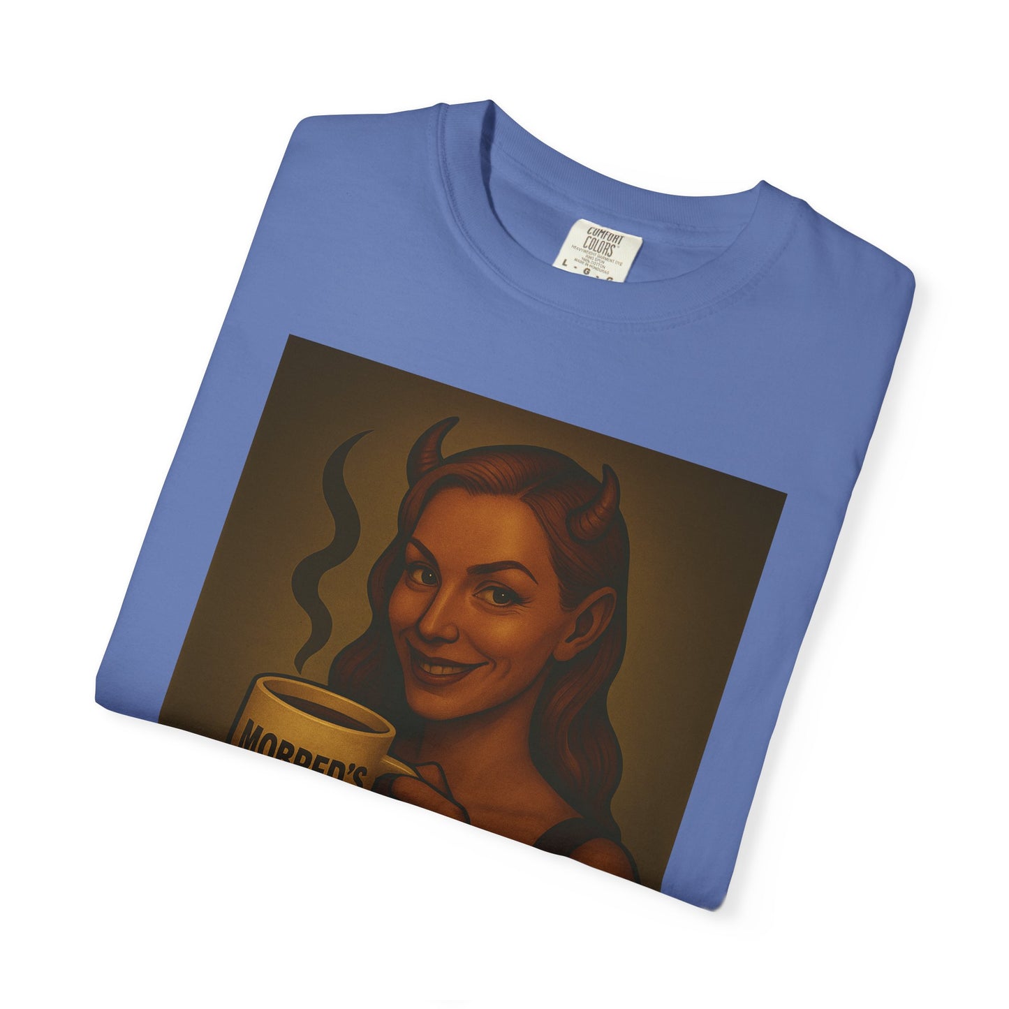Female Devil MOBRED'S Coffee T-Shirt, Unisex Graphic Tee, Funny Coffee Lover Gift, Quirky Art Shirt, Perfect for Halloween