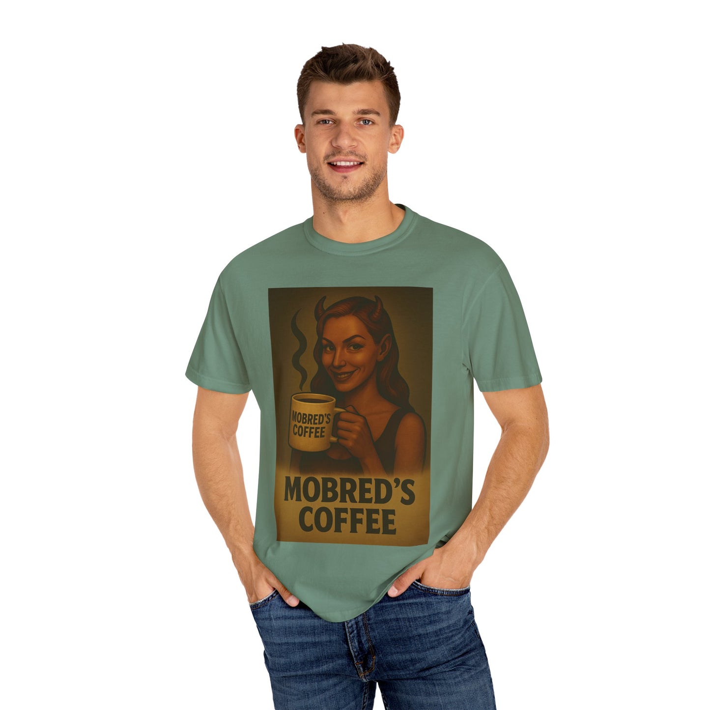 Female Devil MOBRED'S Coffee T-Shirt, Unisex Graphic Tee, Funny Coffee Lover Gift, Quirky Art Shirt, Perfect for Halloween
