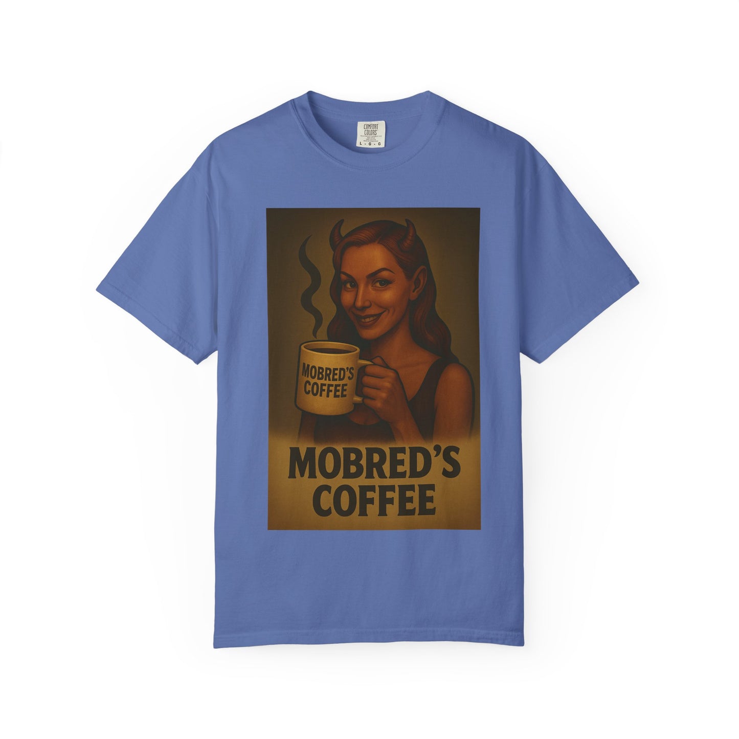Female Devil MOBRED'S Coffee T-Shirt, Unisex Graphic Tee, Funny Coffee Lover Gift, Quirky Art Shirt, Perfect for Halloween