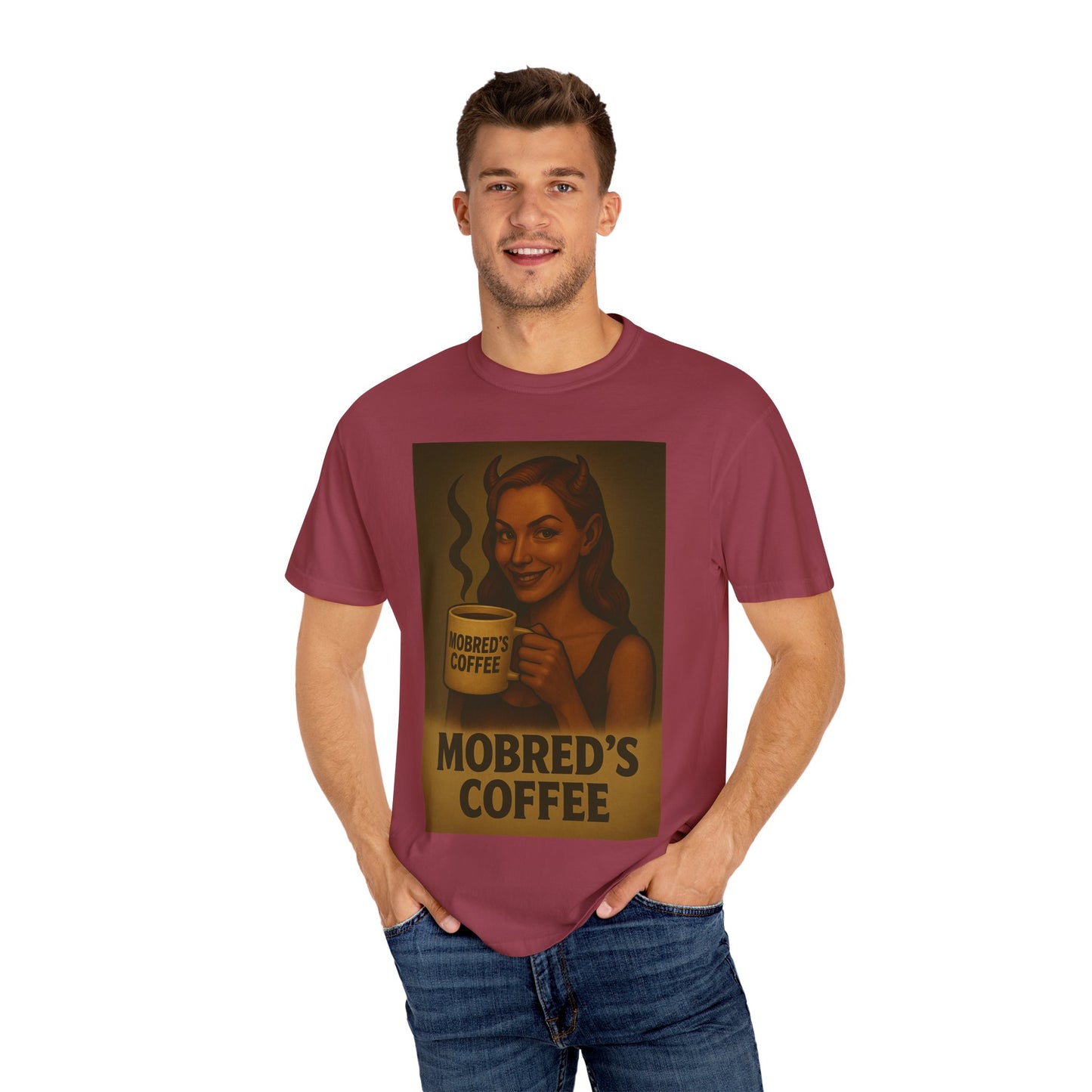 Female Devil MOBRED'S Coffee T-Shirt, Unisex Graphic Tee, Funny Coffee Lover Gift, Quirky Art Shirt, Perfect for Halloween