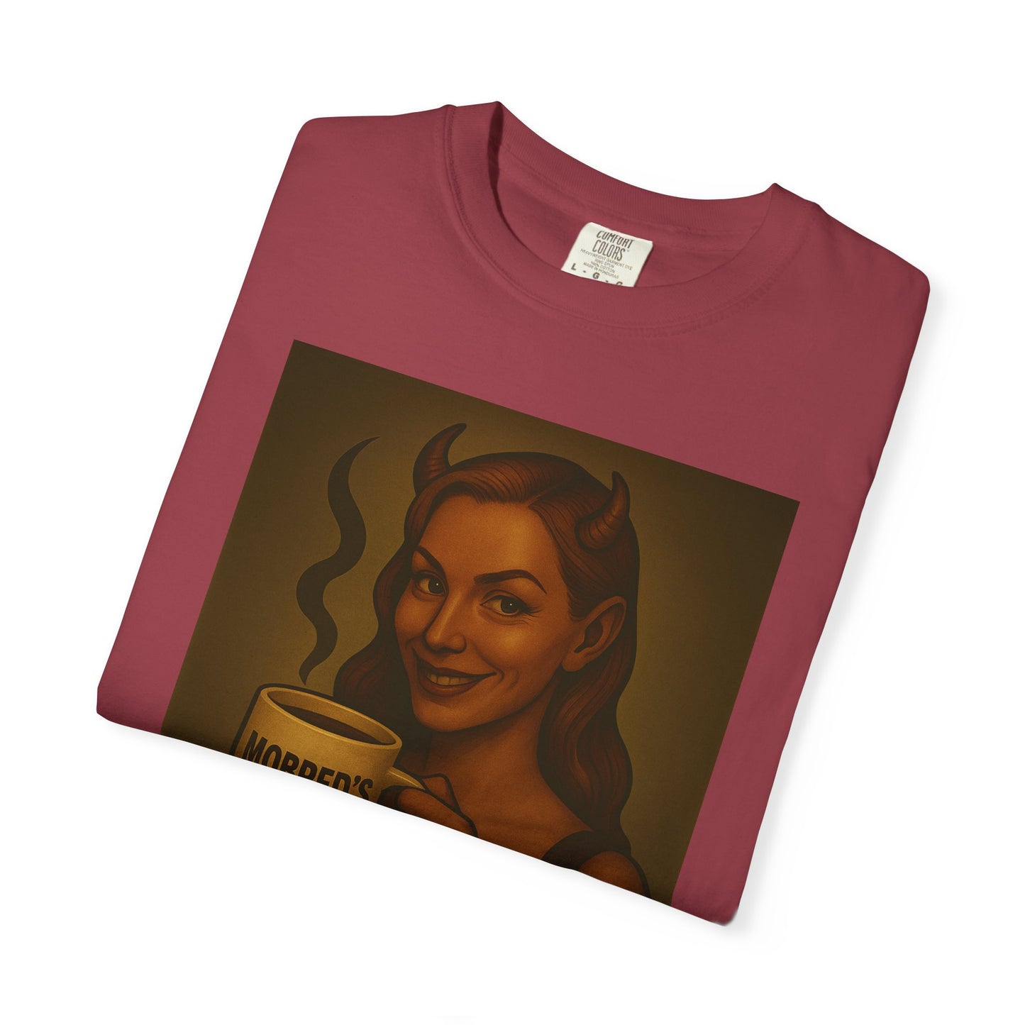 Female Devil MOBRED'S Coffee T-Shirt, Unisex Graphic Tee, Funny Coffee Lover Gift, Quirky Art Shirt, Perfect for Halloween