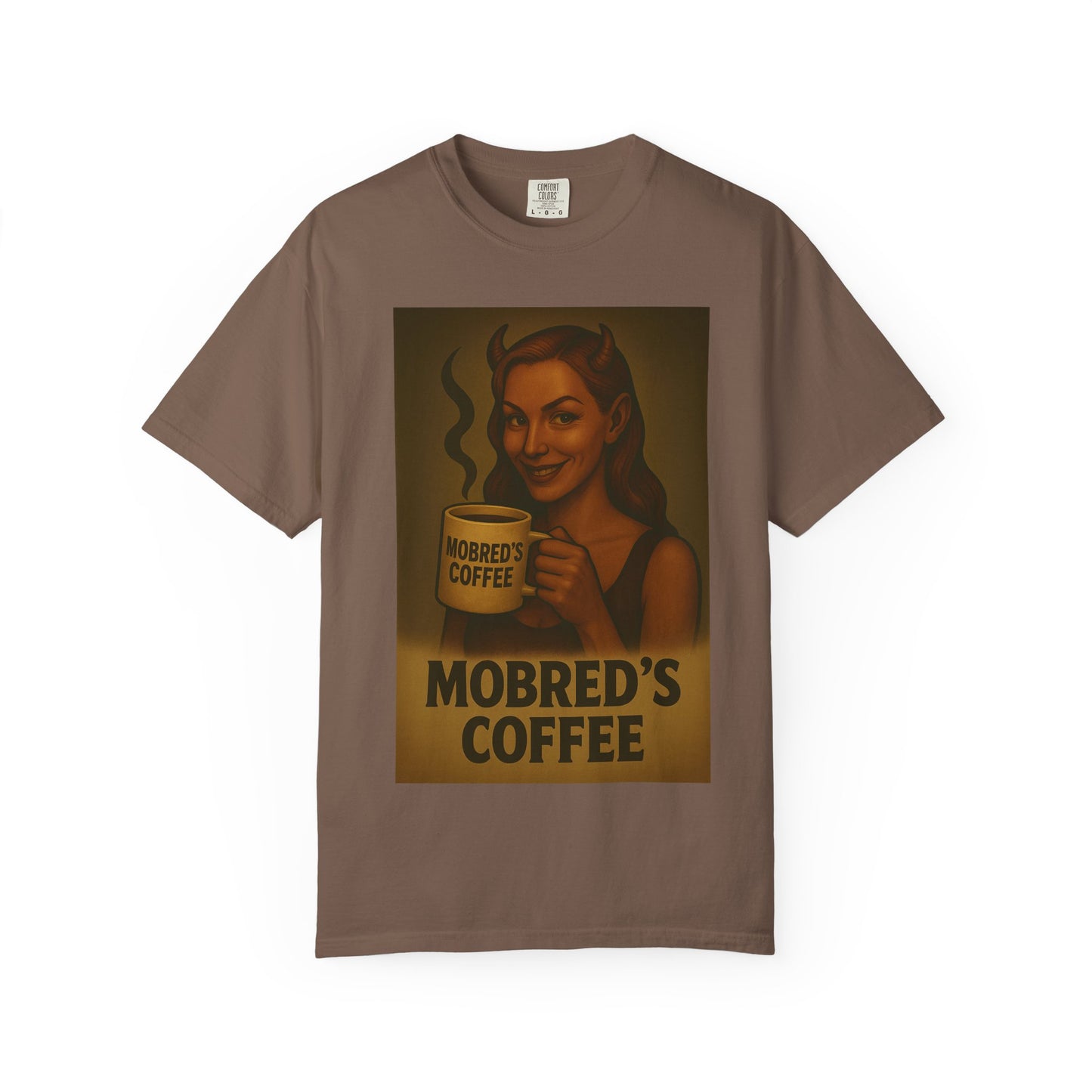 Female Devil MOBRED'S Coffee T-Shirt, Unisex Graphic Tee, Funny Coffee Lover Gift, Quirky Art Shirt, Perfect for Halloween