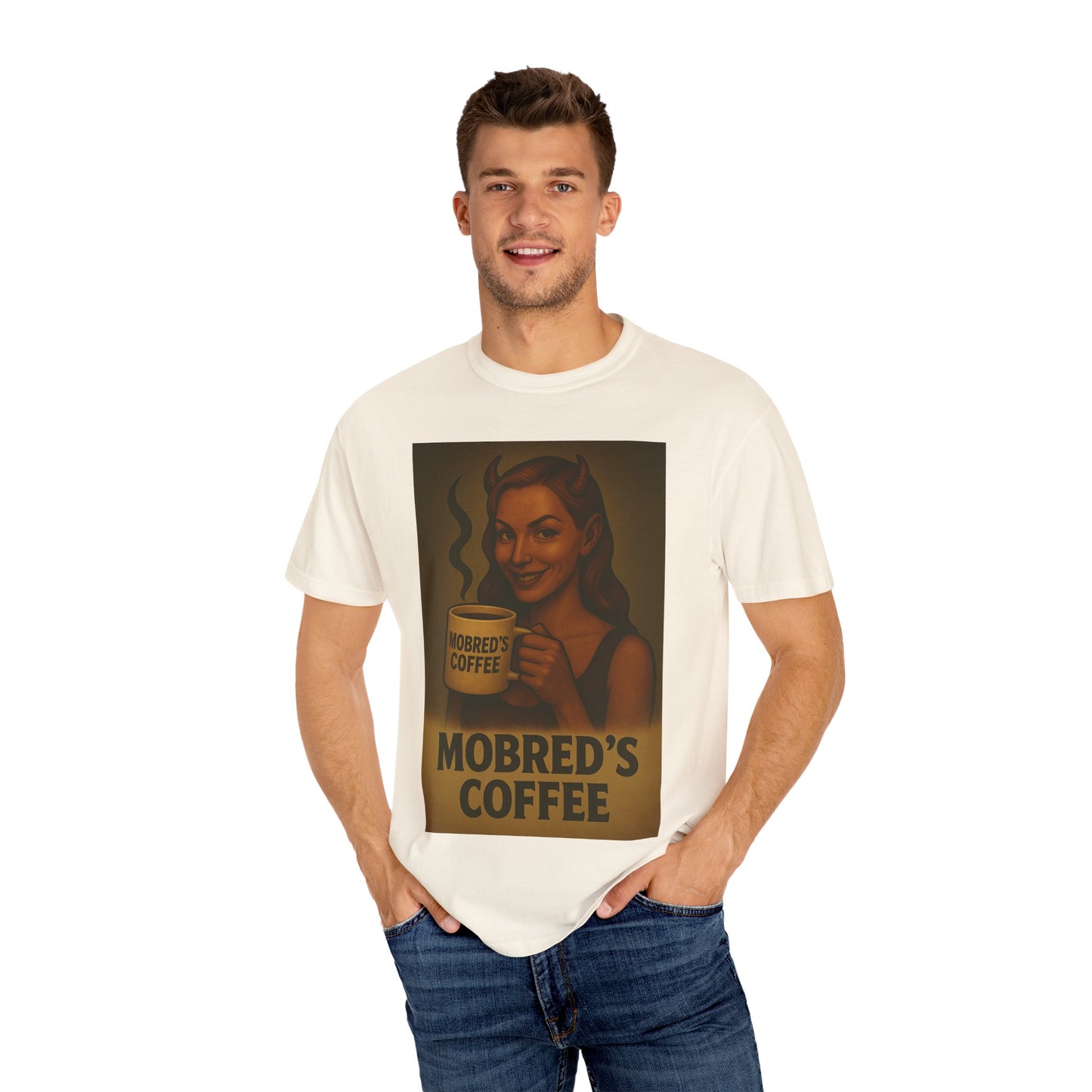 Female Devil MOBRED'S Coffee T-Shirt, Unisex Graphic Tee, Funny Coffee Lover Gift, Quirky Art Shirt, Perfect for Halloween